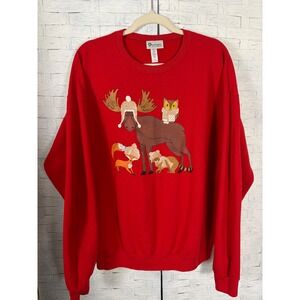 Artisans Womens Sweatshirts Red Christmas Woodland Animals Moose Owl Fox Glitter